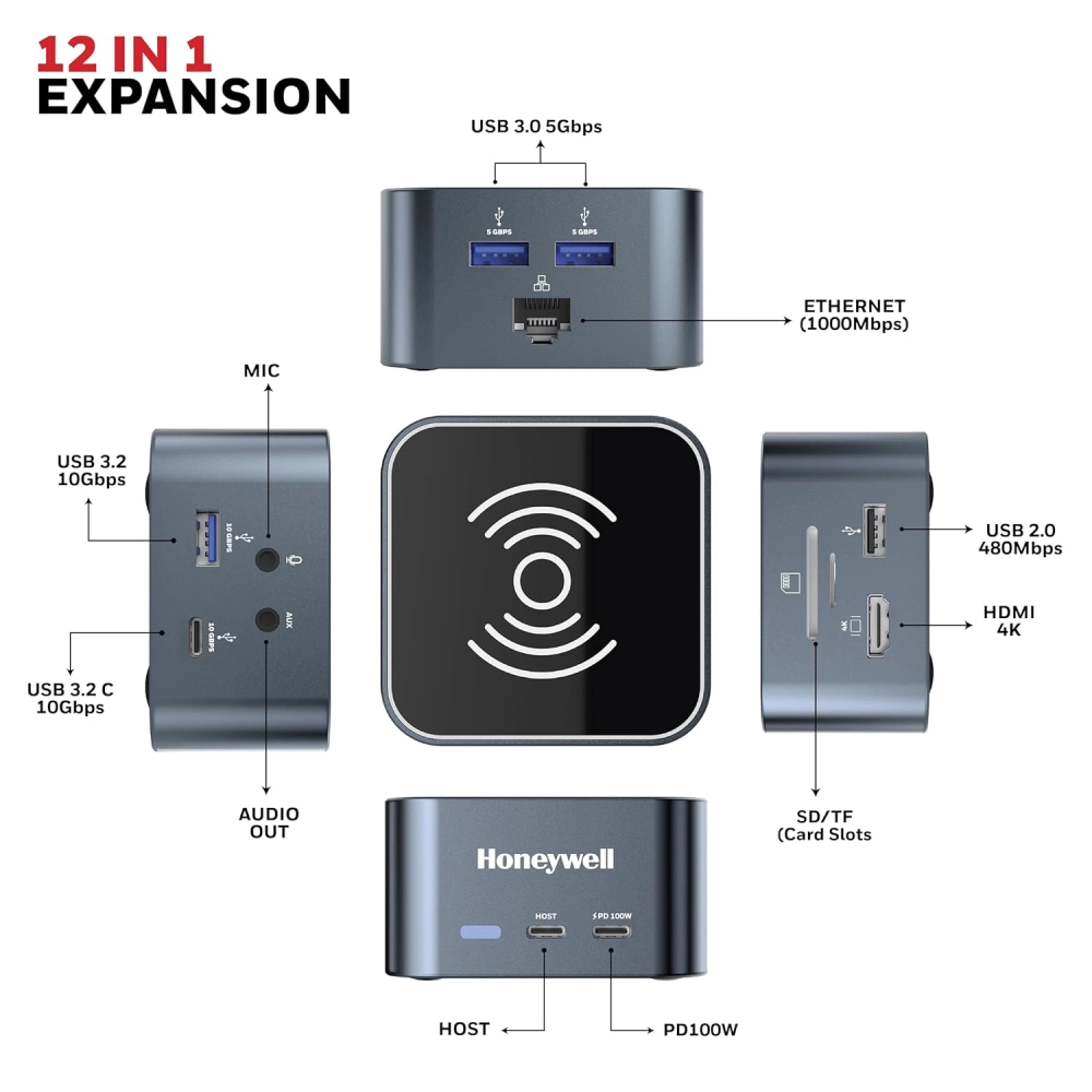 Honeywell Type C Docking Station 12 in 1 (USB | Type C | HDMI | Lan | Aux | Sd Card) (Open Box) view 2